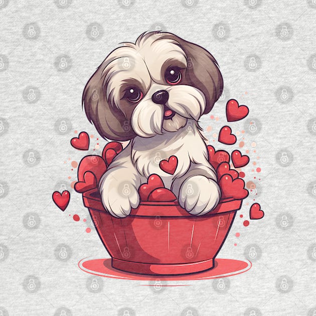 Cartoon Shih Tzu Dog in Hearts Basket by Chromatic Fusion Studio